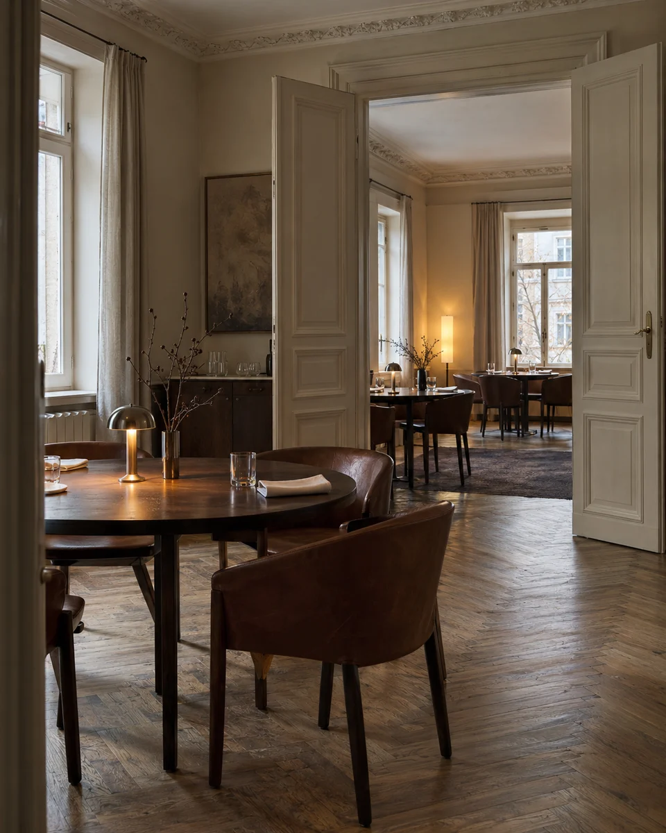 KI-Konzept eines Restaurants im Altbau mit hohen Flügeltüren, Lederstühlen und natürlichem Fensterlicht